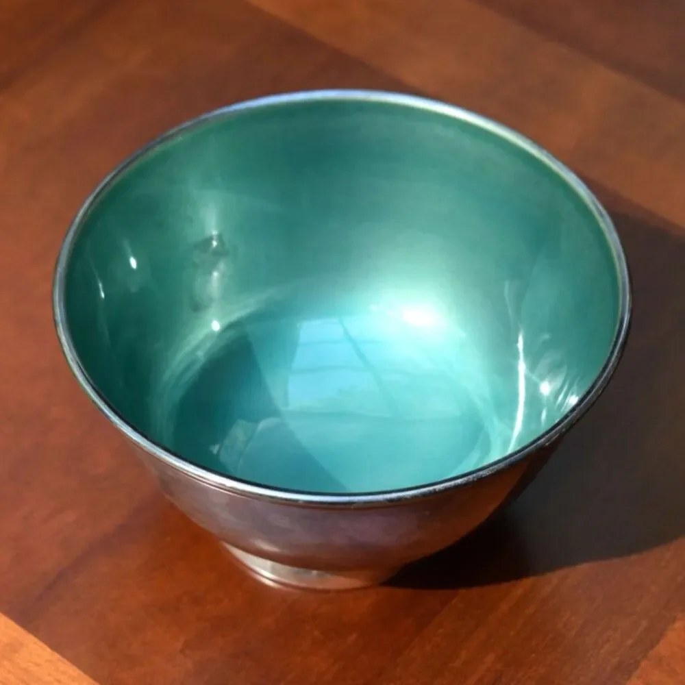 Vintage MCM Towle Silver Paul Revere Mint Green Enamel Footed Bowl